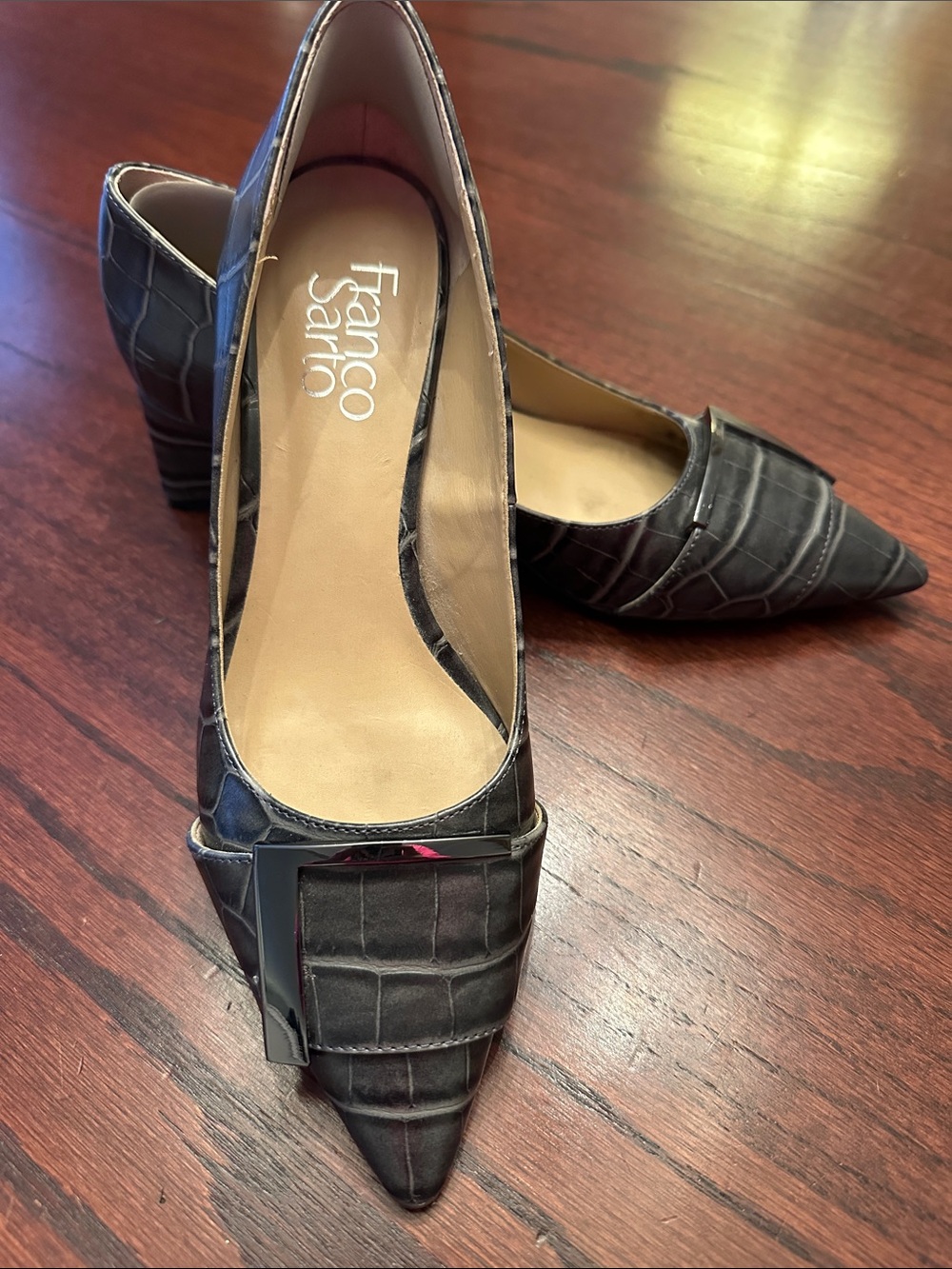 Franco Sarto Black & Grey Croc-Embossed Pointed Toe Low Heels | 6